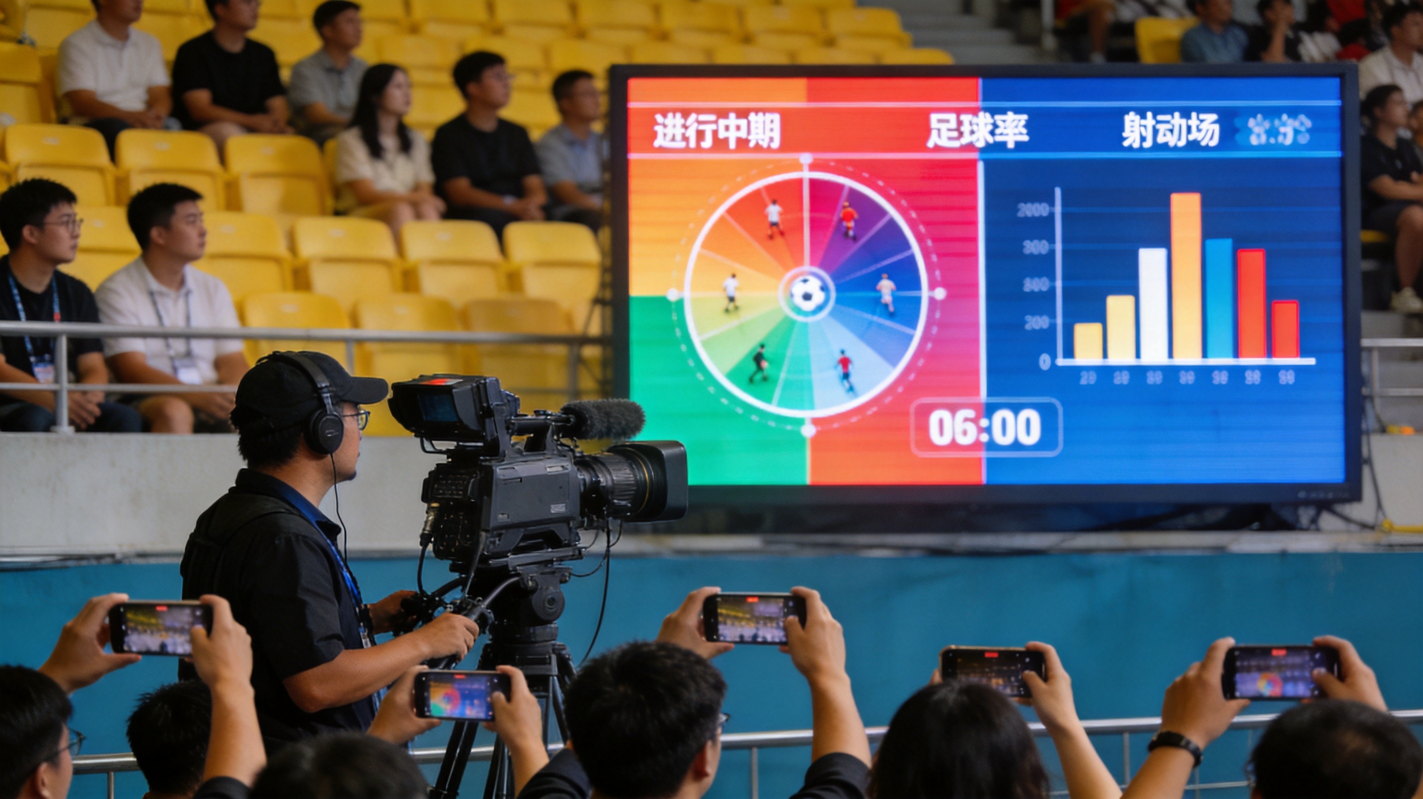 体育赛事数据面板示意，展示比分、控球率与射门统计的可视化界面